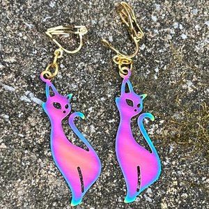 MCM mid century modern cat clip on earrings iridescent Kitty Jewelry NWOT